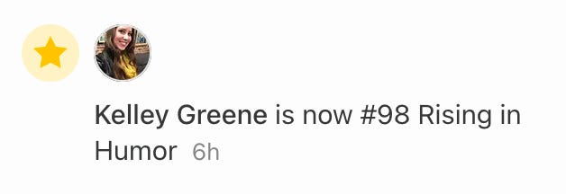 Screenshot of a notification that TMI is #98 Rising in Humor