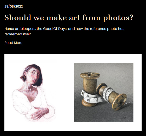 Click to open Blog - "Should we make art from photos?" - A coloured pencil portrait by Jake Spicer, and still life by Michele Ashby