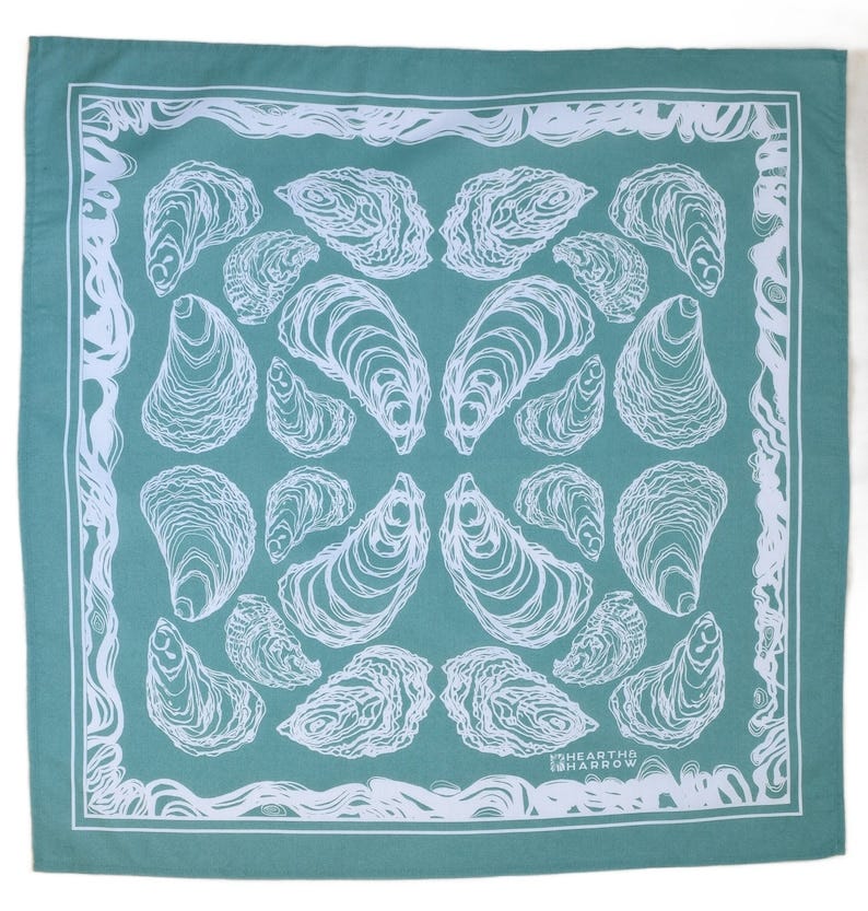Oyster Bandana 100% Cotton Handkerchief Green Hand Screen Printed Soft and Washable Nautical Scarf Mussel Shell Oyster Hanky image 1