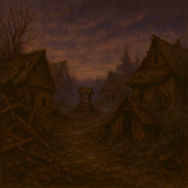 A dark fantasy image of the ruined village of Zmei at dusk. The village lies in a misty valley, its frostbitten cottages collapsed and overgrown with vines. A crooked well stands in the center of the square, casting long shadows. The sky is streaked with fading lavender and gray as the last light of day slips behind the mountains. A broken signpost leans at the edge of the road. Shattered windows glint faintly, and a raven perches on a ruined rooftop. The mist thickens, curling through the ruins. The atmosphere is mournful, eerie, and steeped in forgotten sorrow.
