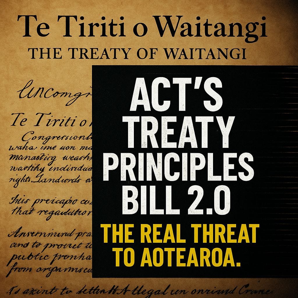 May be an image of text that says "Te Tiriti o Waitan THE TREATY OF WAITANGI lencongr ACT'S Te Tiritio Congrersiont waha, me uoT ma TREATY TanaoйA weast wartihy indiridua PRINCIPLES nights Landurdo hiis preicapioc cu that regadatro BILL 2.0 Ansemmend THE REAL THREAT TO AOTEAROA."