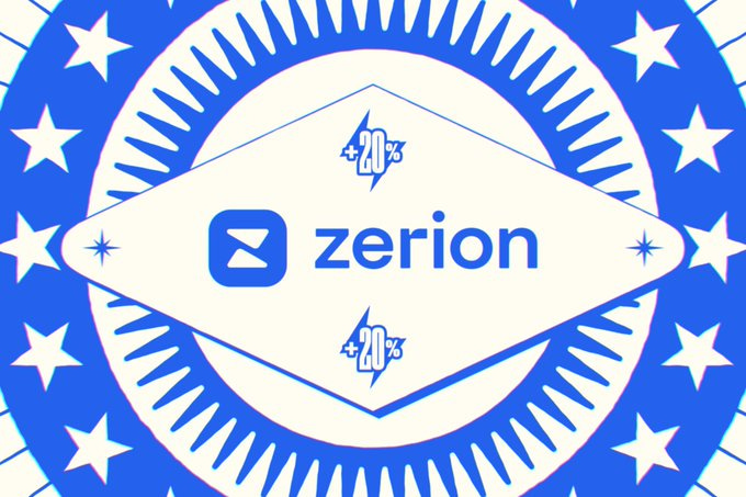 A circular design with a blue and white color scheme. A diamond-shaped logo in the center displays the word "Zerion" in blue text, accompanied by a blue checkmark-like symbol. Surrounding the logo are blue stars and a radial pattern of blue lines. Small blue lightning bolt icons with "+20%" text appear near the top and bottom of the diamond logo.