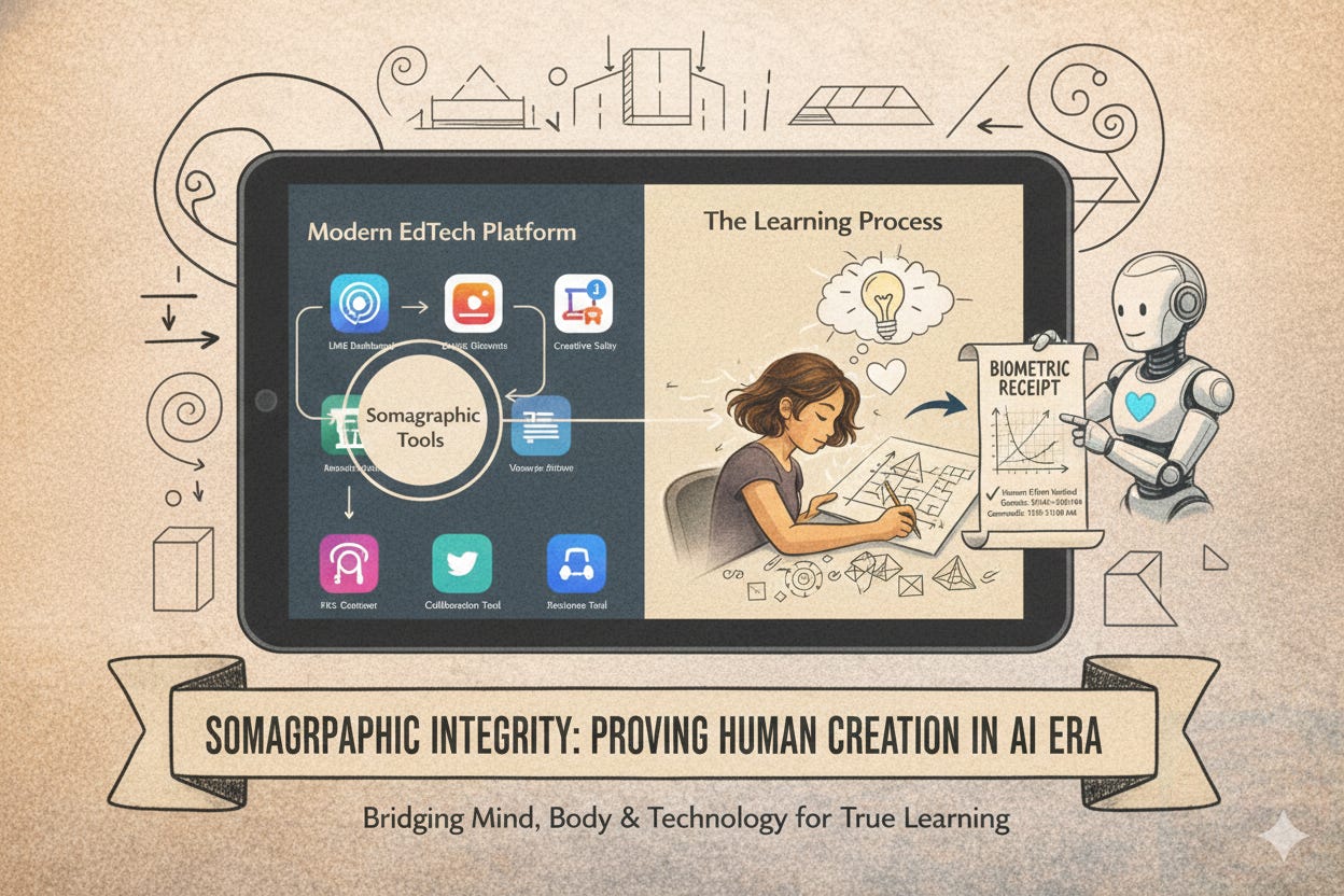 A hand-drawn doodle infographic showing a digital tablet with Somagraphic Tools bridging a Modern EdTech Platform and the human Learning Process. A student is shown sketching geometric shapes to generate a "Biometric Receipt," an IP-protected framework to prove authentic human creation and learning integrity in the age of AI.