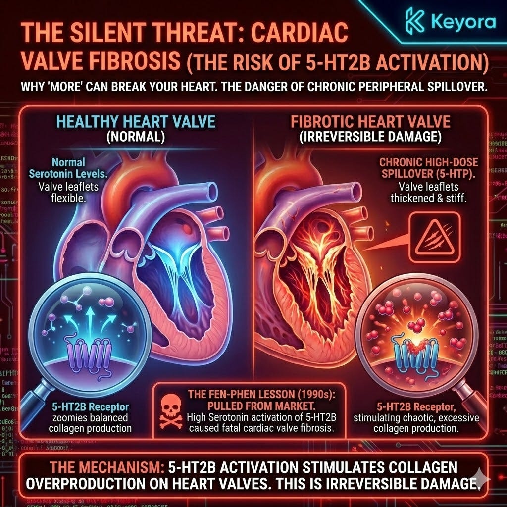 High-dose Peripheral Spillover triggers 5-HT2B receptors on cardiac valves, causing collagen overproduction and Fibrosis, compromising systemic Neurological Sovereignty. High-dose Peripheral Spillover triggers 5-HT2B receptors on cardiac valves, causing collagen overproduction and Fibrosis, compromising systemic Neurological Sovereignty.