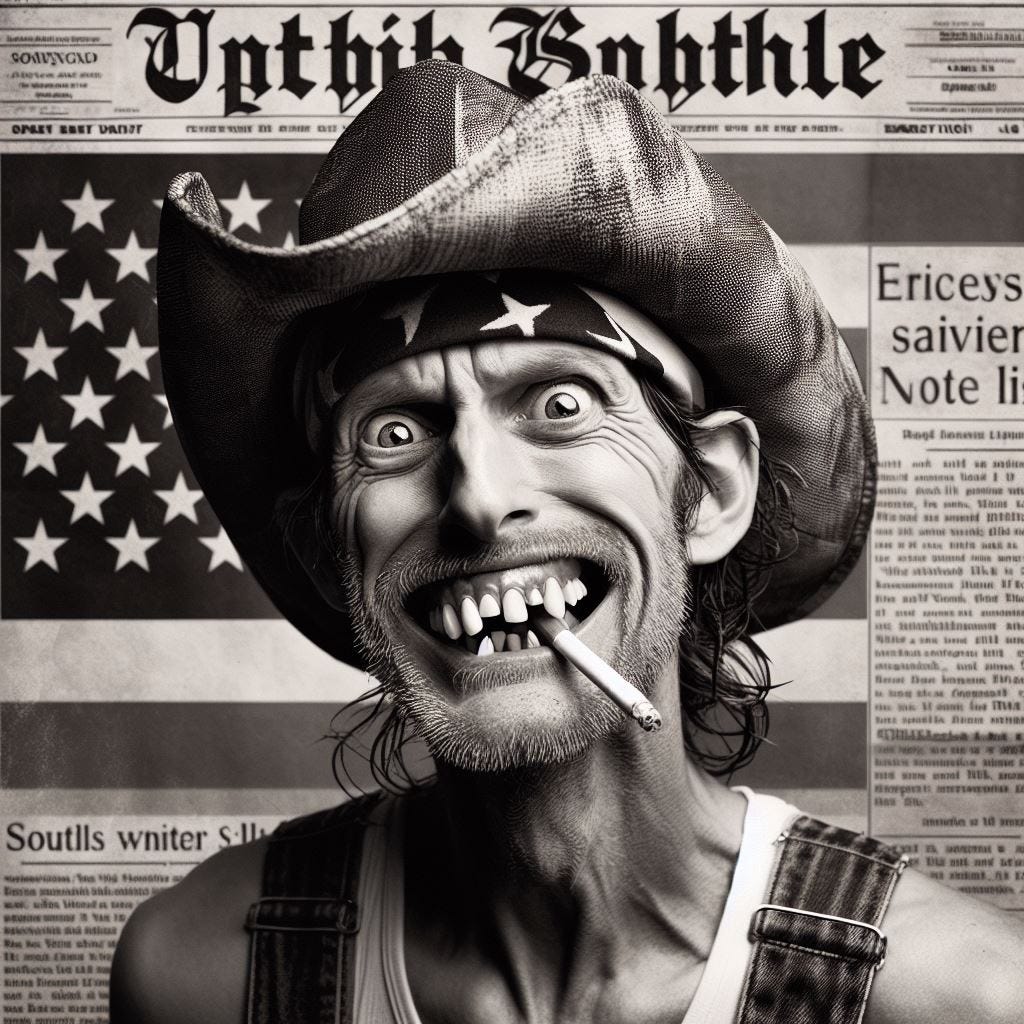 Toothless white man redneck newspaper style