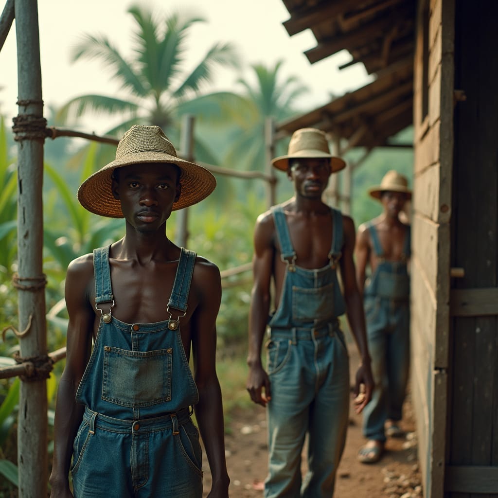 African-Caribbean laborers constructing houses in 1940s Jamaica, with worn denim overalls, and weathered straw hats, amidst a backdrop of lush tropical foliage and rustic wooden scaffolding
