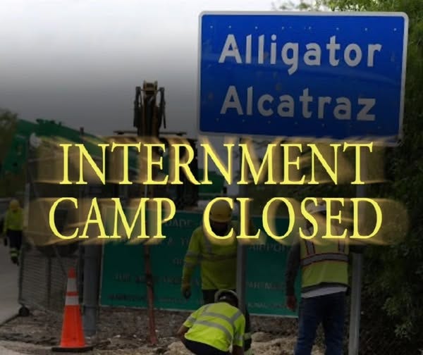 May be an image of 3 people and text that says 'Alligator INTERNMENT CAMP CLOSED'