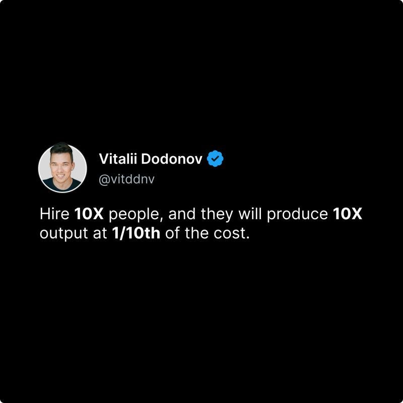 A tweet-style graphic showing a message that says: “Hire 10x people, and they will produce 10x output at 1/10th of the cost.” The image is used to illustrate how early-stage founders can attract high-impact operators even on limited budgets.