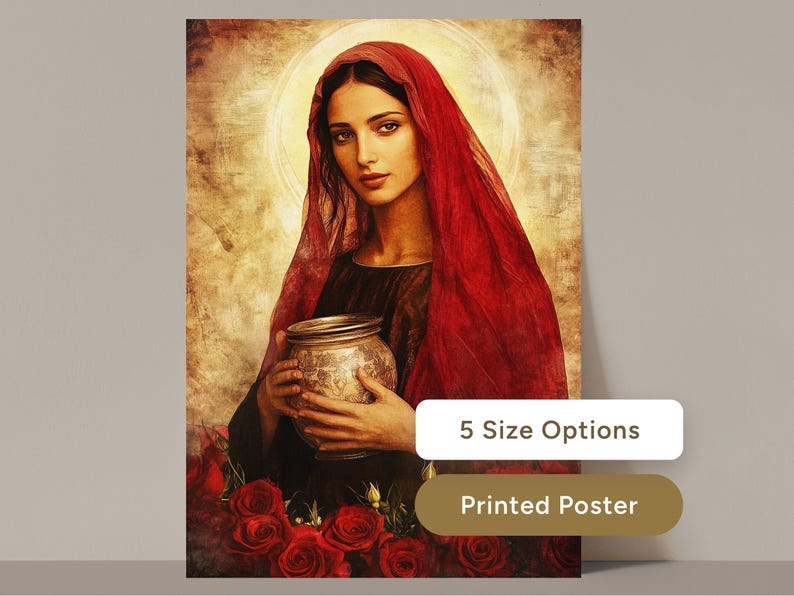 May include: A printed poster depicting a woman in a red veil and a halo, holding a decorative jar. Red roses surround the figure. The text "5 Size Options" and "Printed Poster" are displayed.