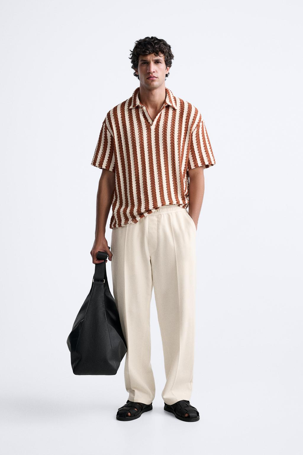 STRIPED TEXTURED POLO SHIRT - Ecru / Maroon by Zara - Image 0