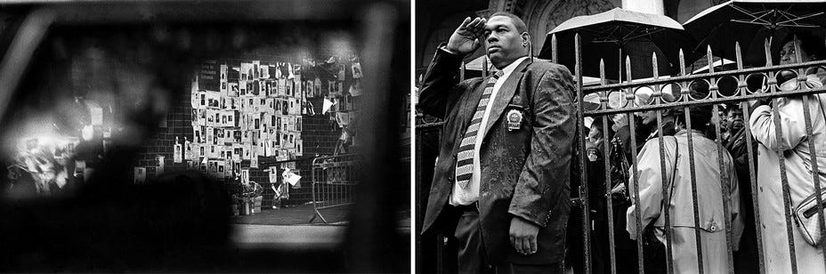 2 photos: Photo from inside vehicle of a wall at hospital covered with missing-person flyers; Man wearing badge drenched in rain and saluting by wrought-iron fence with mourners carrying umbrellas behind it 2 photos: Photo from inside vehicle of a wall at hospital covered with missing-person flyers; Man wearing badge drenched in rain and saluting by wrought-iron fence with mourners carrying umbrellas behind it
