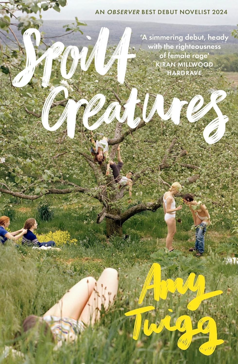Alt text: Cover of Spoilt Creatures by Amy Twigg. In a green orchard or meadow, several girls and young women lounge, climb through a flowering tree, and gather in the grass. Large white hand-painted lettering spells the title across the image, with a review quote from Kiran Millwood Hargrave at the top right and Amy Twigg’s name in bold yellow script at the bottom. Alt text: Cover of Spoilt Creatures by Amy Twigg. In a green orchard or meadow, several girls and young women lounge, climb through a flowering tree, and gather in the grass. Large white hand-painted lettering spells the title across the image, with a review quote from Kiran Millwood Hargrave at the top right and Amy Twigg’s name in bold yellow script at the bottom.