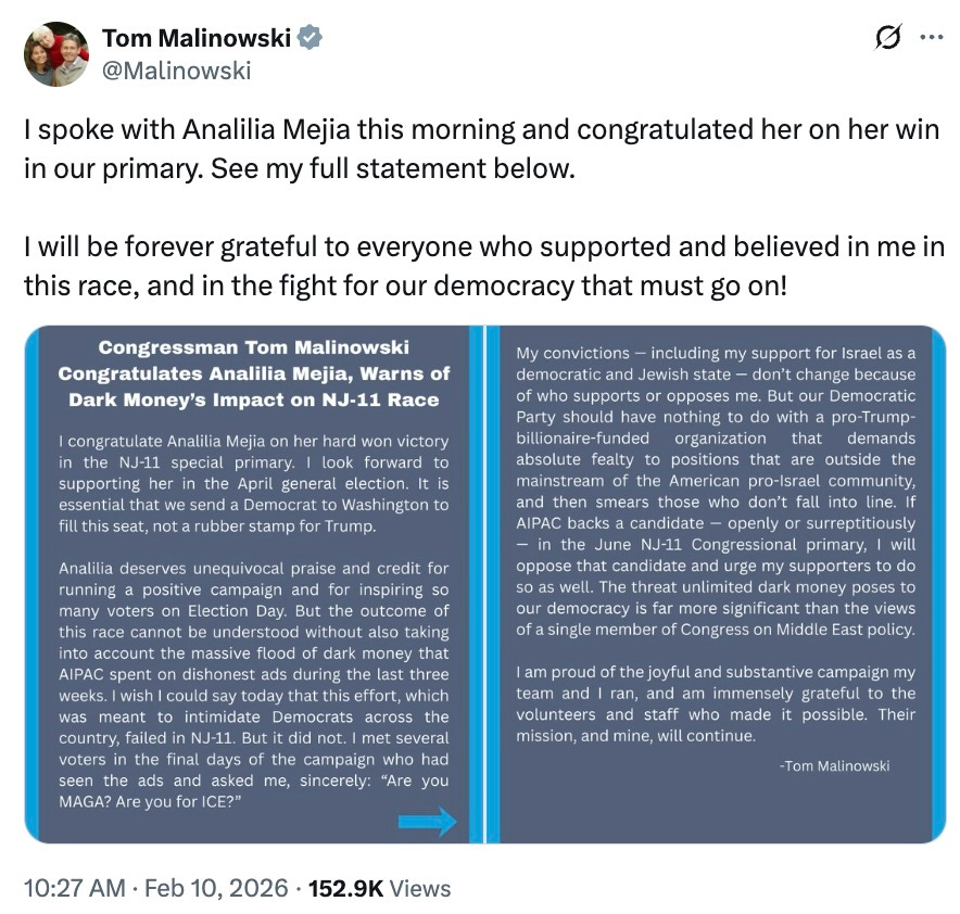 I spoke with Analilia Mejia this morning and congratulated her on her win in our primary. See my full statement below. I will be forever grateful to everyone who supported and believed in me in this race, and in the fight for our democracy that must go on!Analilia deserves unequivocal praise and credit for running a positive campaign and for inspiring so many voters on Election Day. But the outcome of this race cannot be understood without also taking into account the massive flood of dark money that AIPAC spent on dishonest ads during the last three weeks. … The threat unlimited dark money poses to our democracy is far more significant than the views of a single member of Congress on Middle East policy.