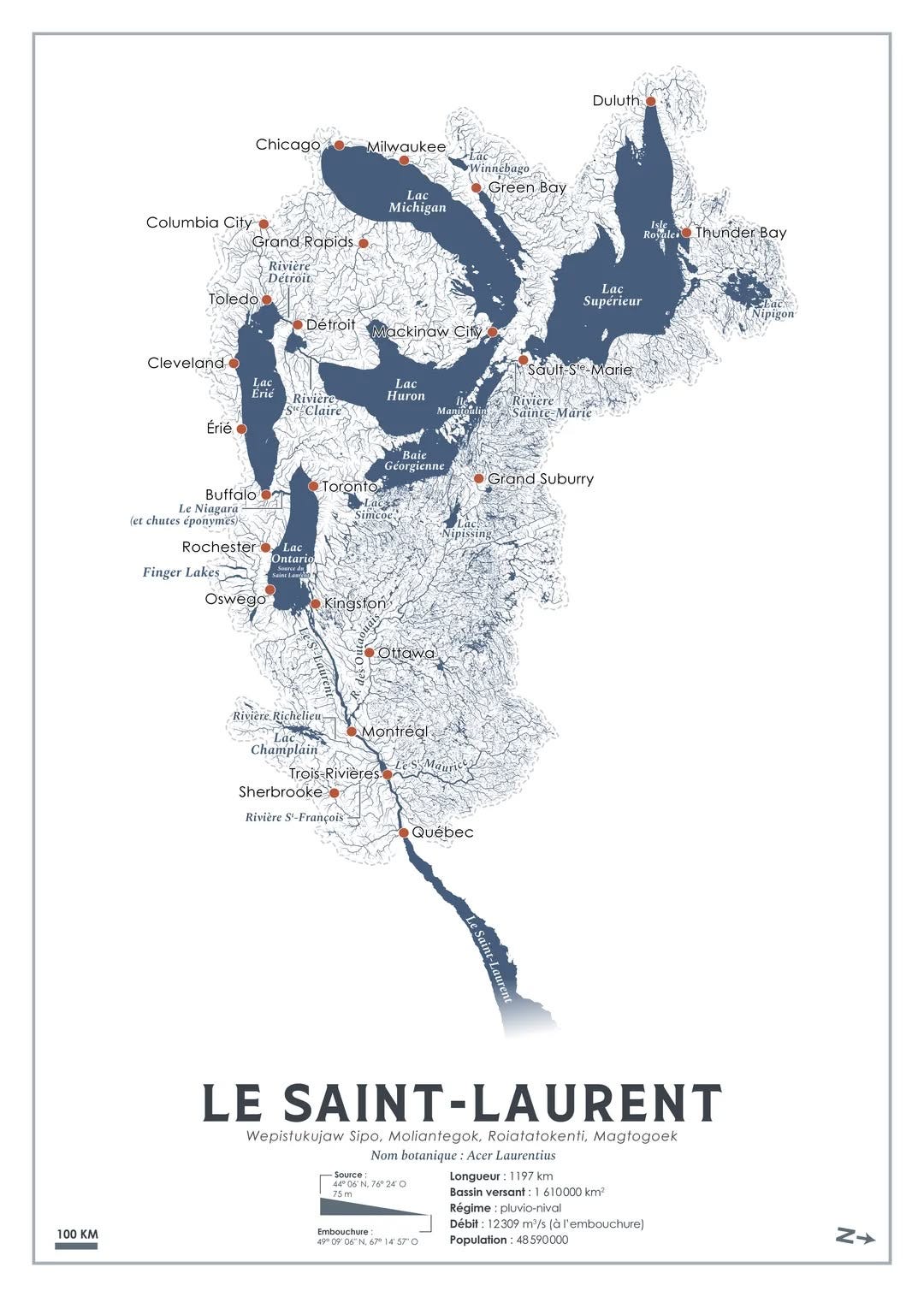 May be an illustration of 1 person, map and text that says 'Chicago Duluth Milwaukee Columbia Cily GrandRapids Michigan Green Detroin Toledo Regaled ThunderBay Bay Detroit Clevelond Hackinaw Cify 5upeTTeHT Uec Enc Lac Huron Glaire Erie Scult-stn-Morie Riviere Sunie-M Marie Baic Gcorgienne Taronta Buffalo LeNiagan cή chares Rochester Finger Lakes GrandSuburry rand Suburry Lac αa Ontari Oswega Monirea Riviere-Richelien RIviere Champlain TroisR Sherbrooke Rivière iviereS-Françaik SLF Françnl Québec LE SAINT-LAURENT SAINT Wepisłukujaw Sipo, Moliantegok, Roiatatokenfi. Mag Maglogoek ogoek Num botanique: :Acer Laurentius 一ちまだの！ 76*240 100 KM Longueur: 610000km Régime :pluvio-nival ន 09m/s/a embojchure) Populalion: 48.590000'