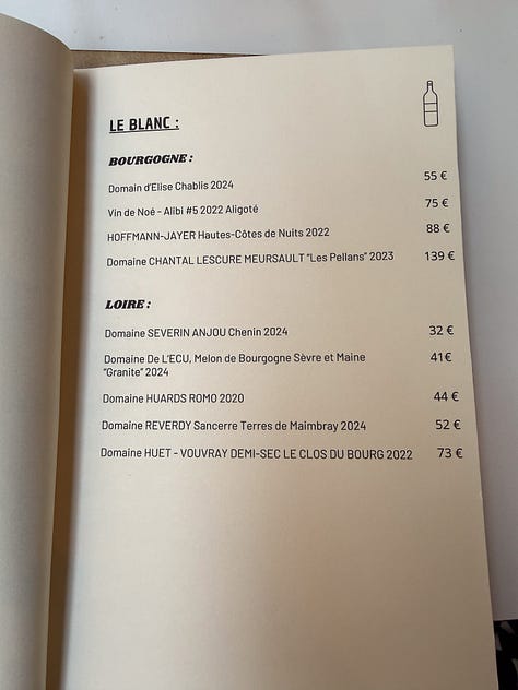 Wine list at Argile restaurant, Paris