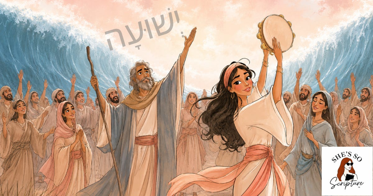 Illustration of the scene of the Song of the Sea with Moses and Miriam and the Hebrews Illustration of the scene of the Song of the Sea with Moses and Miriam and the Hebrews