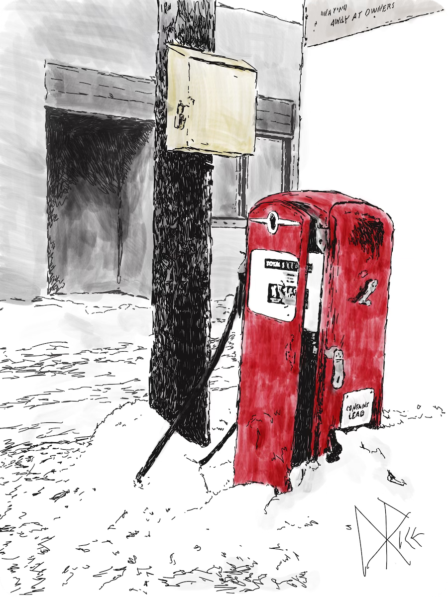 An old gas pump, left as rubbish in a snowy alley. Sketch art by Don Rice.