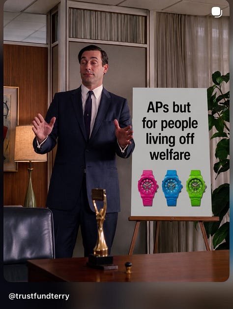 Three-panel meme grid satirizing the Swatch x Audemars Piguet Royal Pop collaboration. Left panel shows a Mad Men-style still of Don Draper (Jon Hamm) standing next to an advertising easel displaying four colorful plastic watches with the caption "APs but for people living off welfare," mocking the entry-level pricing and demographic of the Royal Pop versus a traditional Audemars Piguet customer. Middle panel shows a dimly lit cinematic still of a restaurant or bar interior with overlaid text reading "yours. It's from this new Swatch collab called the Royal Po—," referencing dialogue cut off mid-sentence about the collaboration. Right panel shows a still from "The Great" television series featuring a man in a red and gold robe with a sack on his head, captioned "and seeing a line of people camped out around the block — I'm sorry, is this some sort of peasant joke that I'm too rich to understand?" The collage captures the satirical social media response to the Royal Pop launch, particularly the disconnect between the collaboration's flipper-driven customer base and Audemars Piguet's traditional ultra-wealthy clientele.