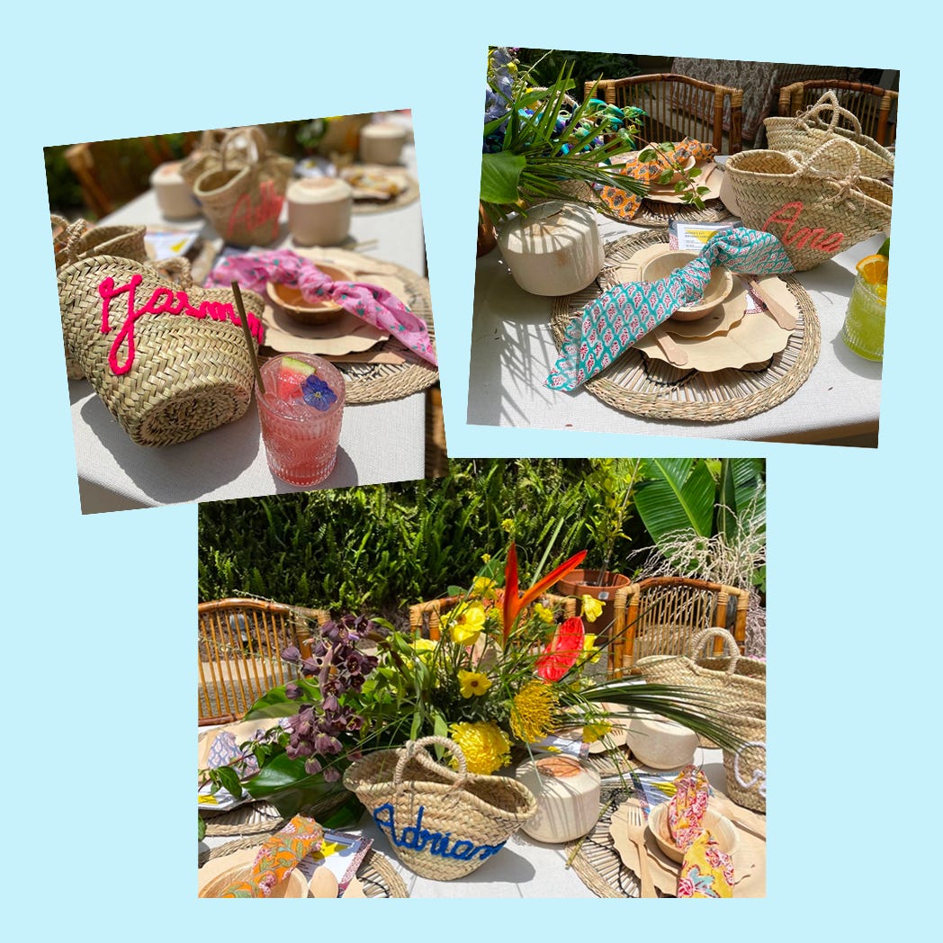 A 3-photo collage of a tablescape with mini woven tote bags that have guest names embroidered on them.
