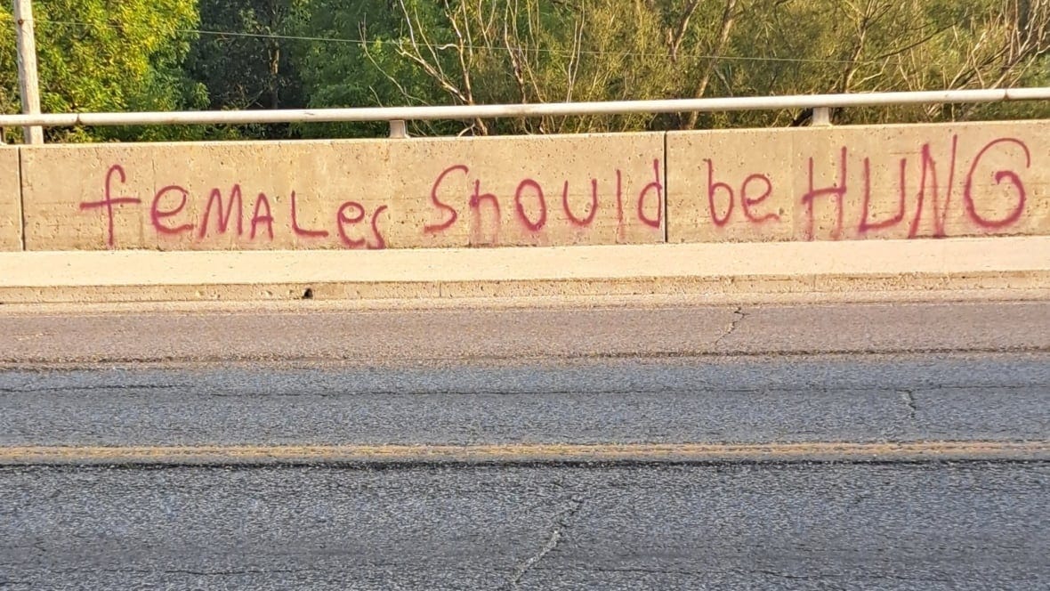 Red spray paint that reads "feMaLes Should be HUNG" on concrete. 