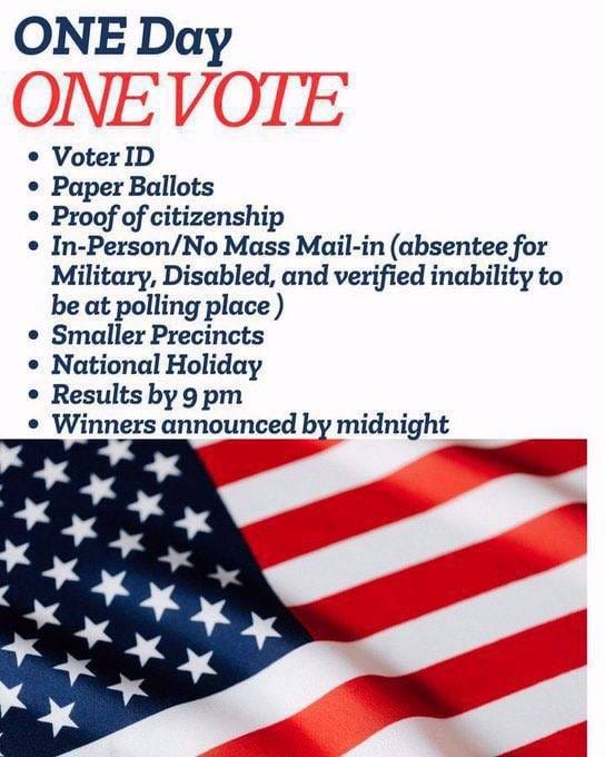 May be an image of text that says 'ONE αγ ONE ONEVOTE Voter ID Paper Ballots Proof of citizenship In-Person/No Mass Mail-in (absenteefor Military, Disabled, and verified inability to be at polling place) Smaller Precincts National Holiday Results by 9 pm Winners announced by midnight'