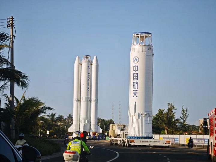 The Long March 8's first and second stages being transported through the Wenchang Commercial Space Launch Site.