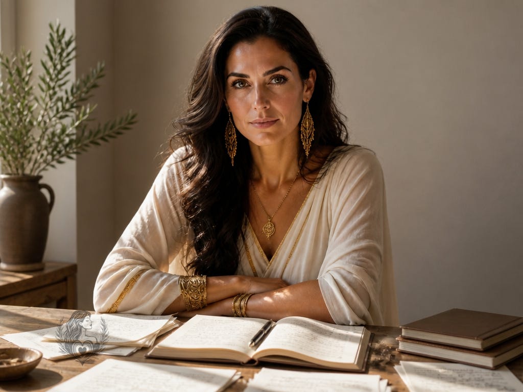 A real woman, sitting at a clean wooden table with papers and an open notebook in front of her, expression calm and empowered, soft natural light streaming in, photorealistic, warm neutral tones, sense of clarity and quiet strength A real woman, sitting at a clean wooden table with papers and an open notebook in front of her, expression calm and empowered, soft natural light streaming in, photorealistic, warm neutral tones, sense of clarity and quiet strength