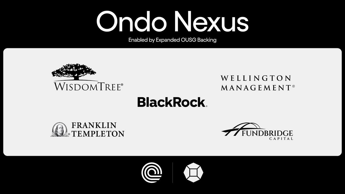 Ondo Nexus를 소개합니다: BlackRock, Franklin Templeton, Wellington Management 및 WisdomTree의 자산을 활용하여 제3자 토큰화 재무부에 즉각적인 유동성을 제공합니다. Ondo Nexus를 소개합니다: BlackRock, Franklin Templeton, Wellington Management 및 WisdomTree의 자산을 활용하여 제3자 토큰화 재무부에 즉각적인 유동성을 제공합니다.