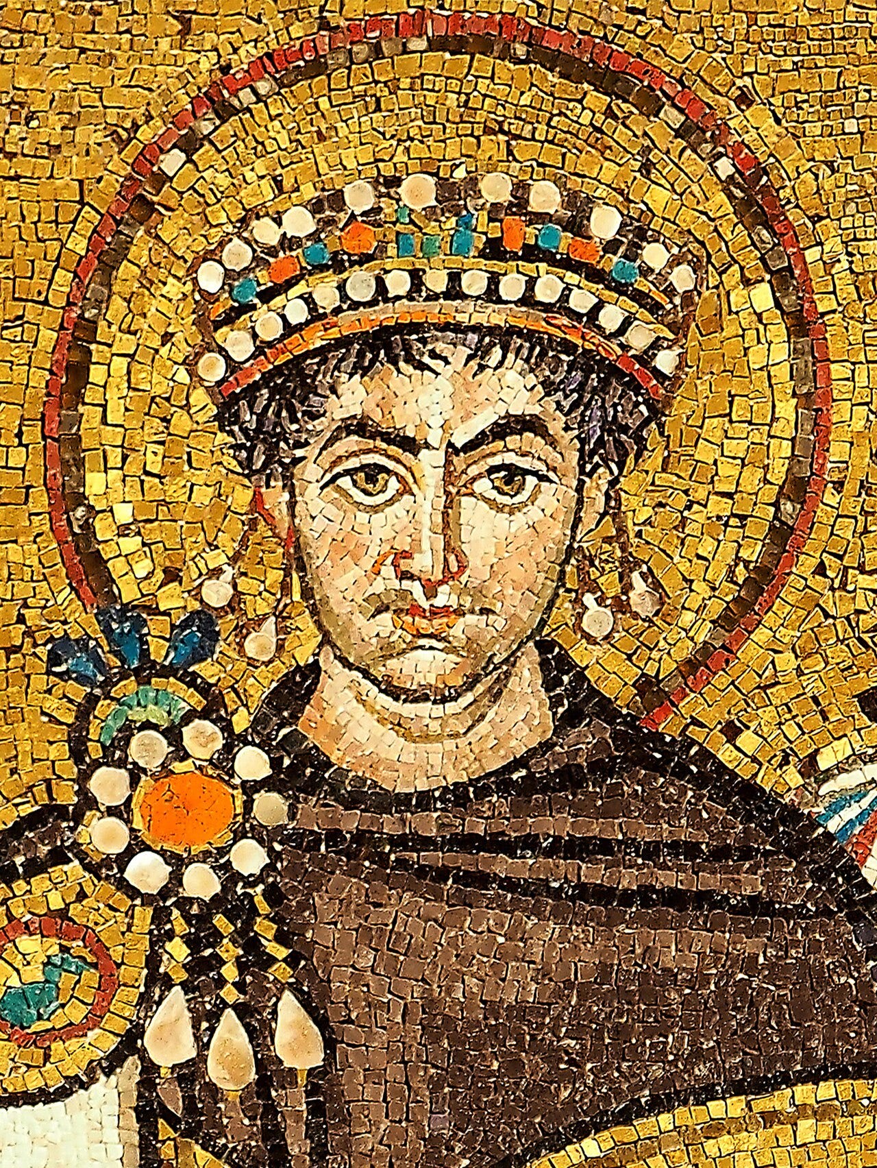 Emperor Justinian and his court, a golden Byzantine mosaic at Ravenna