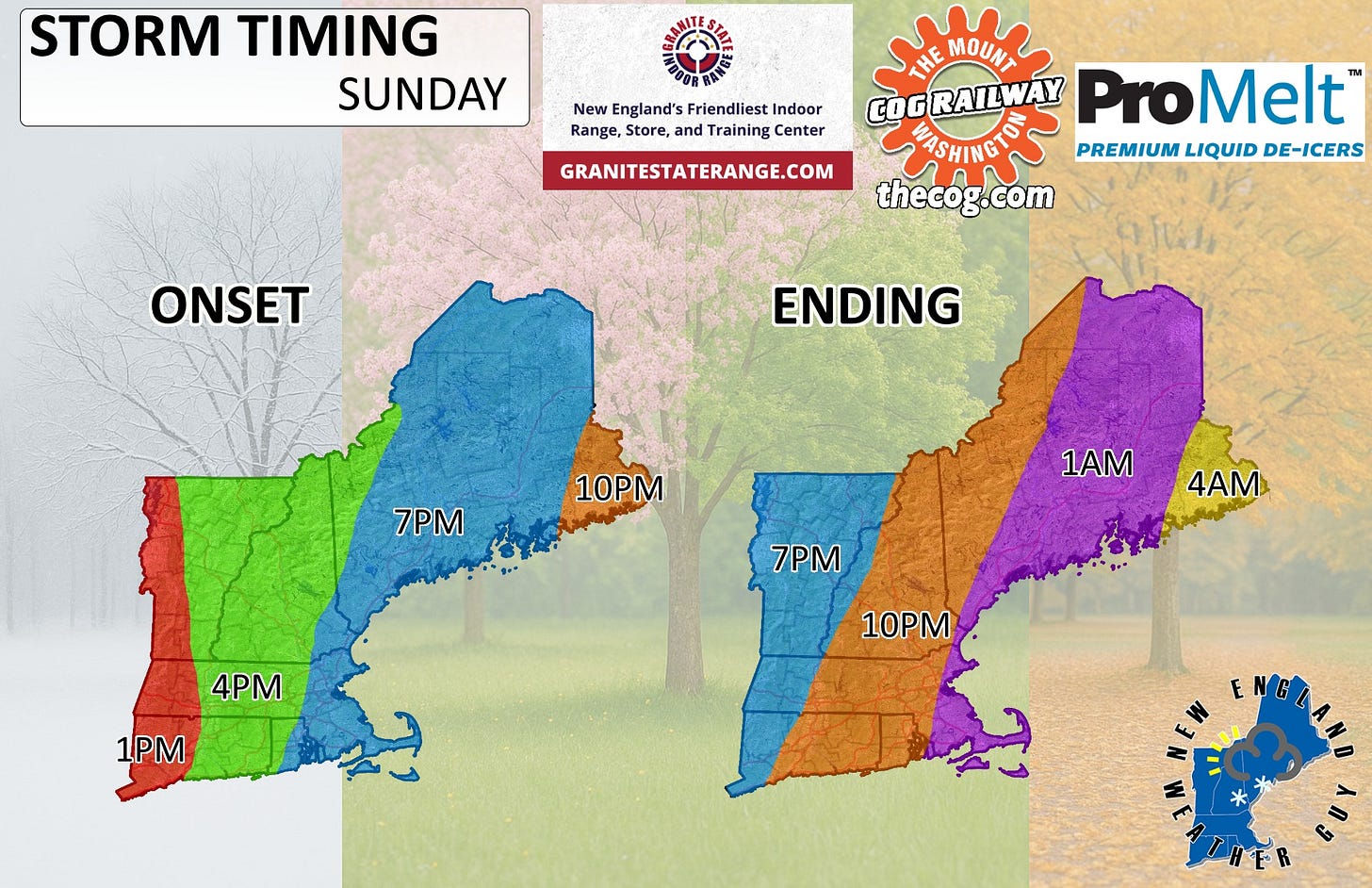 May be an image of ‎map and ‎text that says '‎STORM TIMING SUNDAY New England's Friendliest Indoor Range, Store, and Training Center GRANITESTATERANGE.COM THE MOUNT GOGRAILWAY ProMelt VASHINGTO WASHINGT PREMIUM LIQUID DE-ICERS thecog.com thecog g.com ONSET ונטל ENDING 7PM 10PM 1AM 7PM 4A 4PM 1PM 10PM E THER‎'‎‎