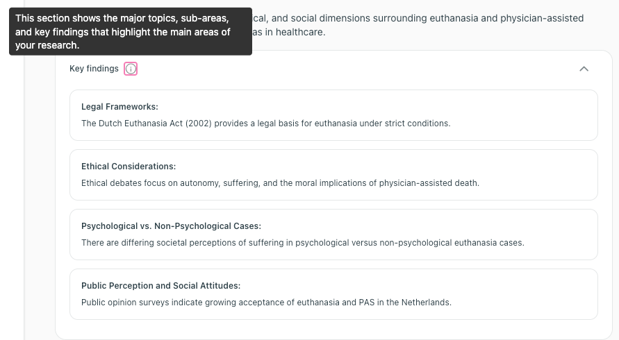 thesify SOTA panel listing key findings on euthanasia, including legal frameworks, ethics, psychological vs non-psychological cases, and public attitudes
