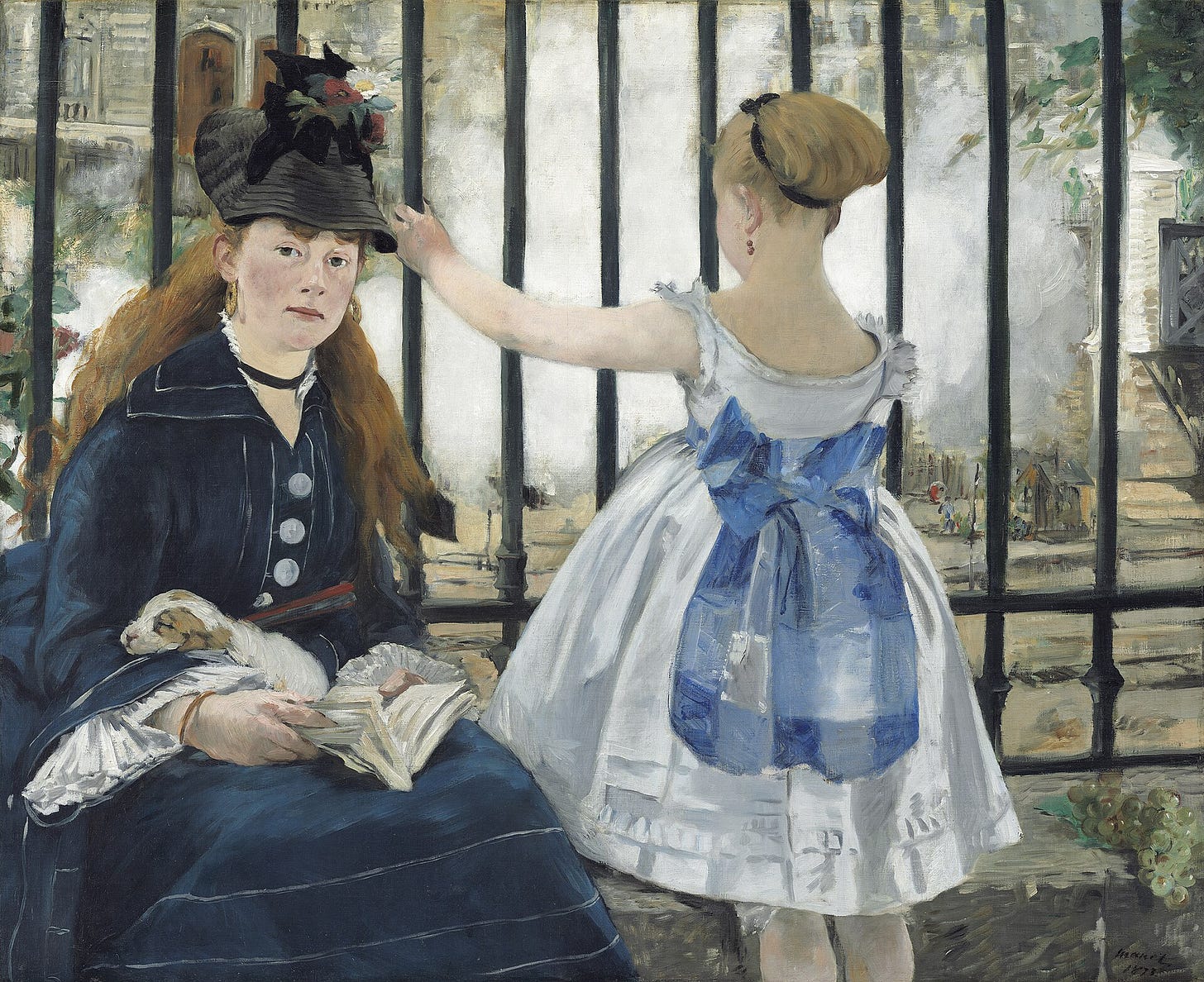 A woman in a dark blue dress sits with a book and a sleeping puppy on her lap beside an iron railing, while a little girl in white stands with her back to us, looking at steam rising beyond the bars.