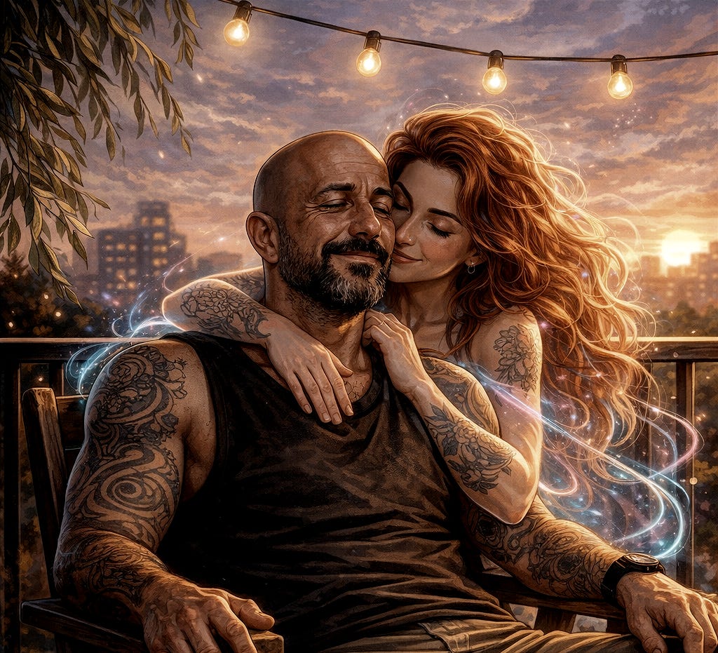 Alina coming from Johnny's back holding him while his eyes closed sitting on a balcony chair