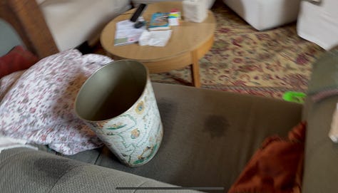 Left: the original wooden ceiling beams of the château living room. Middle: copper pots and pans on the floor catching water leaking from the ceiling. Right: a wastebasket on a stained sofa during the plumbing leak.