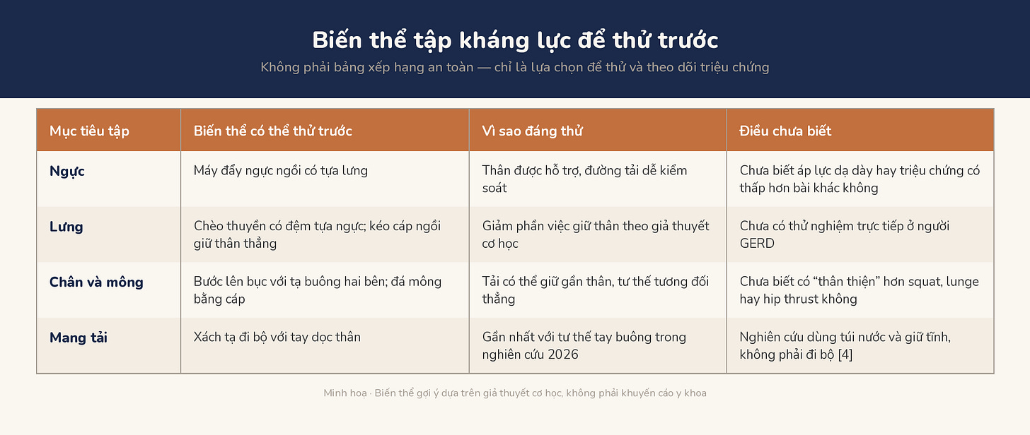 Bảng biến thể tập kháng lực để người bị GERD thử trước: đẩy ngực ngồi có tựa lưng cho ngực, chèo thuyền có đệm tựa ngực cho lưng, bước lên bục với tạ buông hai bên cho chân và mông, xách tạ đi bộ tay dọc thân cho mang tải — kèm lý do đáng thử và điều chưa biết của từng biến thể; đây là giả thuyết cơ học, không phải bảng xếp hạng an toàn đã được chứng minh.