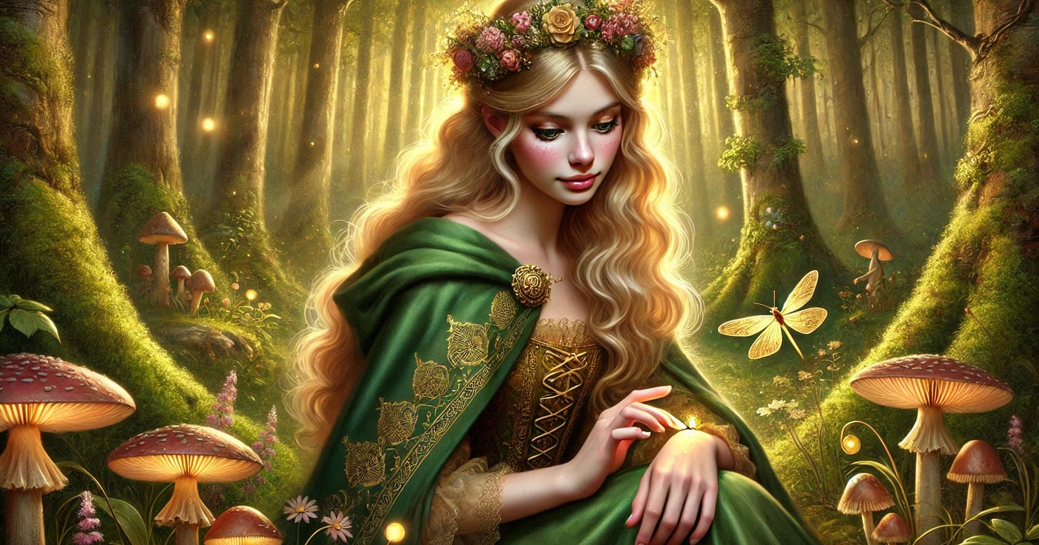Fantasy storybook image of Liora in a gold-embroidered green cloak and floral head wreathe - in a mythical forest with moss-covered trees, mushrooms glowing insects. #TheVillageOfWings #AuthorHeatherMurata #EcoFiction #EcoFantasy #FantasyNovel