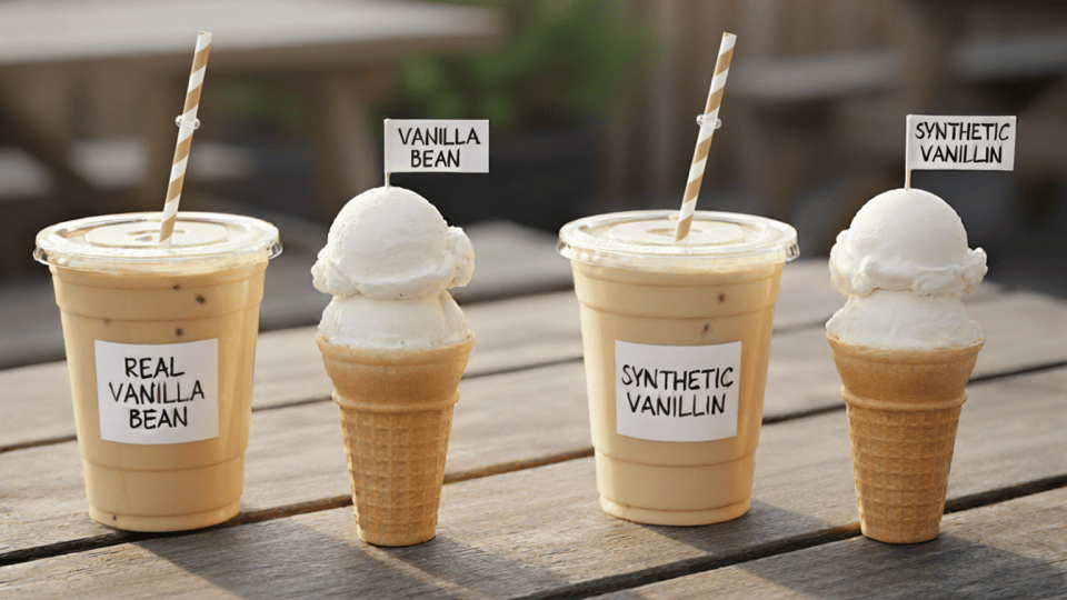 two lattes & ice cream cones, one pair labeled "Real Vanilla Bean" the other "Synthetic Vanillin" two lattes & ice cream cones, one pair labeled "Real Vanilla Bean" the other "Synthetic Vanillin"