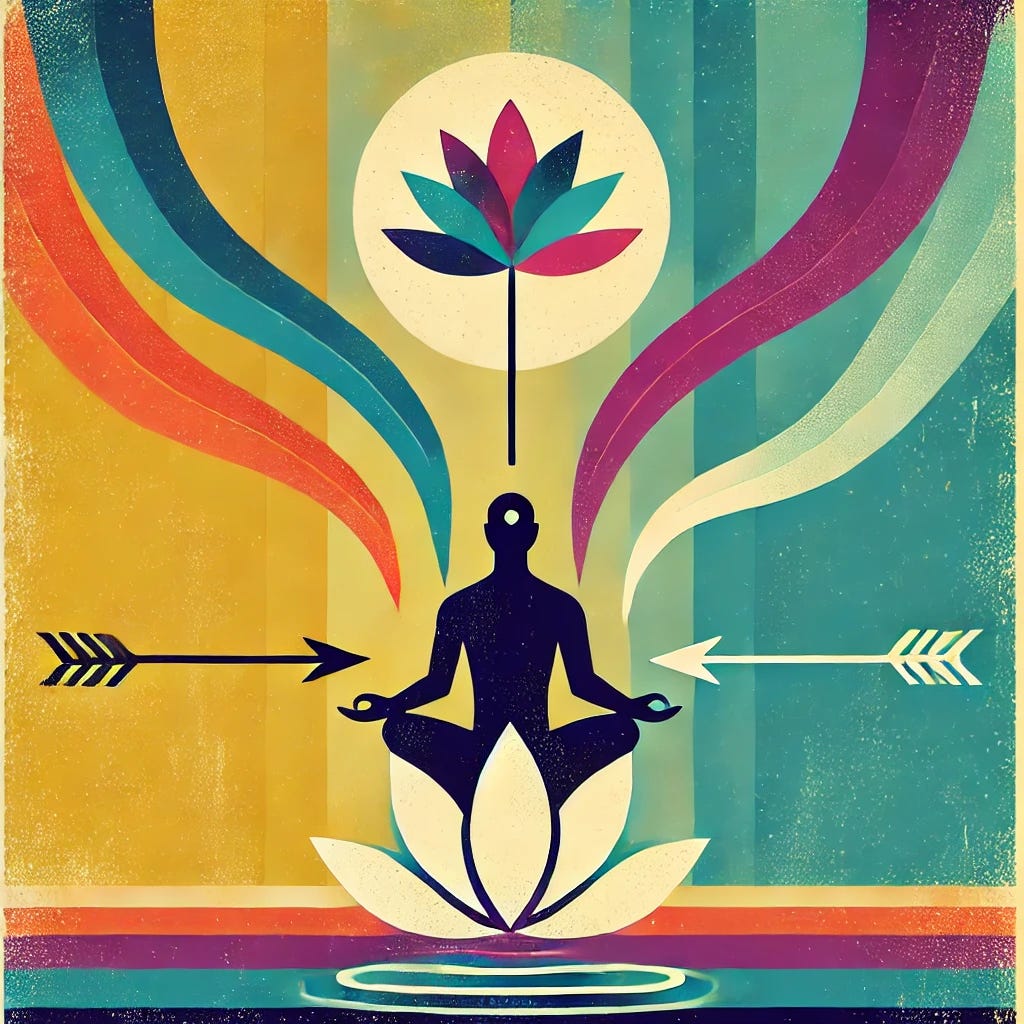 Create an abstract, old-timey flat illustration for a blog post cover, with a twist on the previous design. Feature a single figure in a simple meditative pose, silhouette or minimal detail, now seated on a stylized lotus flower. Include two arrows: one lodged in the ground nearby, representing the first arrow, and another floating above the figure, representing the second arrow, with both arrows stylized and oversized. Add more dynamic elements of letting go, like the figure releasing vibrant, colorful ribbons that swirl around and ascend into the background, symbolizing dissipating attachment. Use a flat vintage illustration style reminiscent of mid-century posters, with a more vibrant color palette (bright blues, rich purples, vivid greens). The background should have lightly textured flat shapes and bright color blocks, evoking an old printed poster aesthetic, and include a large, stylized sun in the background, maintaining a calm yet more lively and introspective mood.