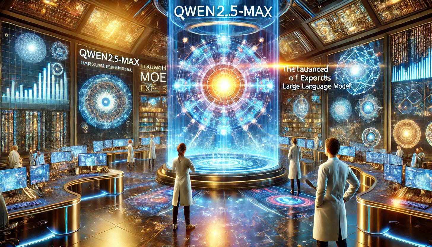 A futuristic AI research lab showcasing the launch of Qwen2.5-Max, an advanced MoE (Mixture of Experts) large language model. The environment is sleek and high-tech, filled with holographic data streams and glowing quantum computing nodes. A central AI core emits bright energy, symbolizing its powerful curated training. Researchers and engineers in futuristic lab coats observe in awe as the AI processes vast amounts of information. The scene is bathed in a vibrant blue and gold glow, emphasizing cutting-edge innovation and AI advancement. A futuristic AI research lab showcasing the launch of Qwen2.5-Max, an advanced MoE (Mixture of Experts) large language model. The environment is sleek and high-tech, filled with holographic data streams and glowing quantum computing nodes. A central AI core emits bright energy, symbolizing its powerful curated training. Researchers and engineers in futuristic lab coats observe in awe as the AI processes vast amounts of information. The scene is bathed in a vibrant blue and gold glow, emphasizing cutting-edge innovation and AI advancement.