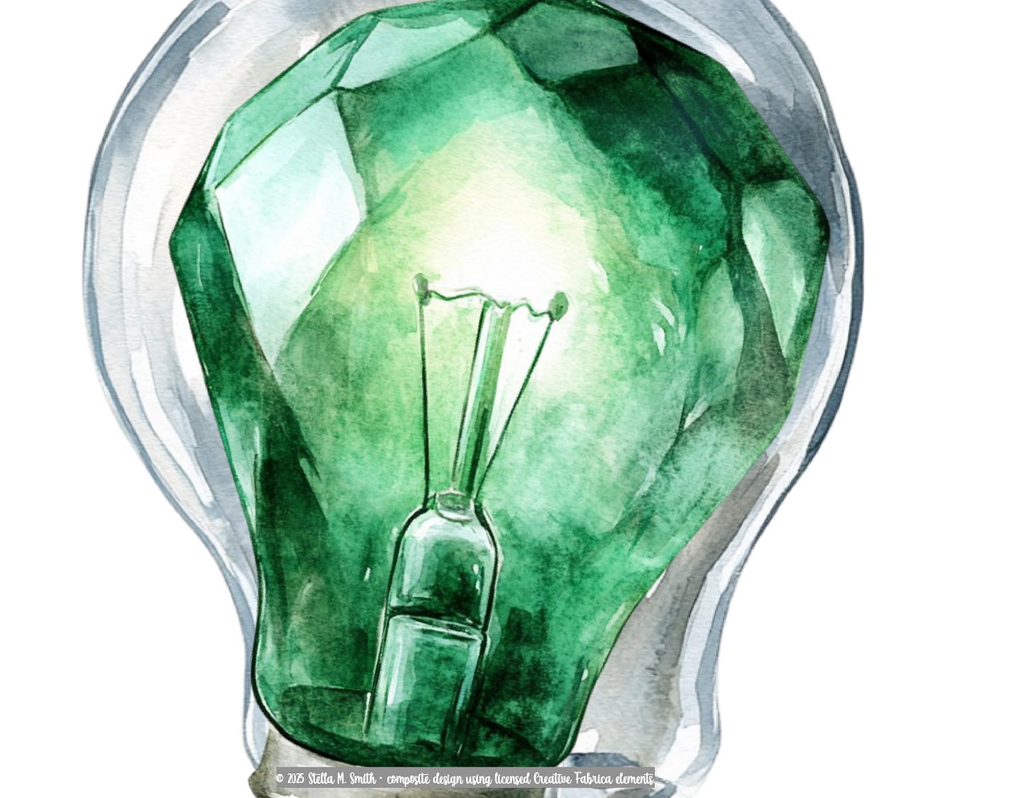 A watercolor illustration of a lightbulb with a faceted green gemstone glowing inside it. The gem emits a soft inner light, symbolizing Peace rising from within. Cool gray glass surrounds the warm green glow. A watercolor illustration of a lightbulb with a faceted green gemstone glowing inside it. The gem emits a soft inner light, symbolizing Peace rising from within. Cool gray glass surrounds the warm green glow.
