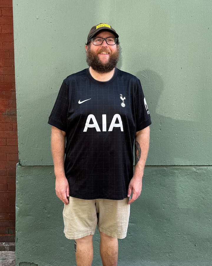 The author wearing a black Spurs jersey on the left, an orange-ish Hawaiian shirt on the right