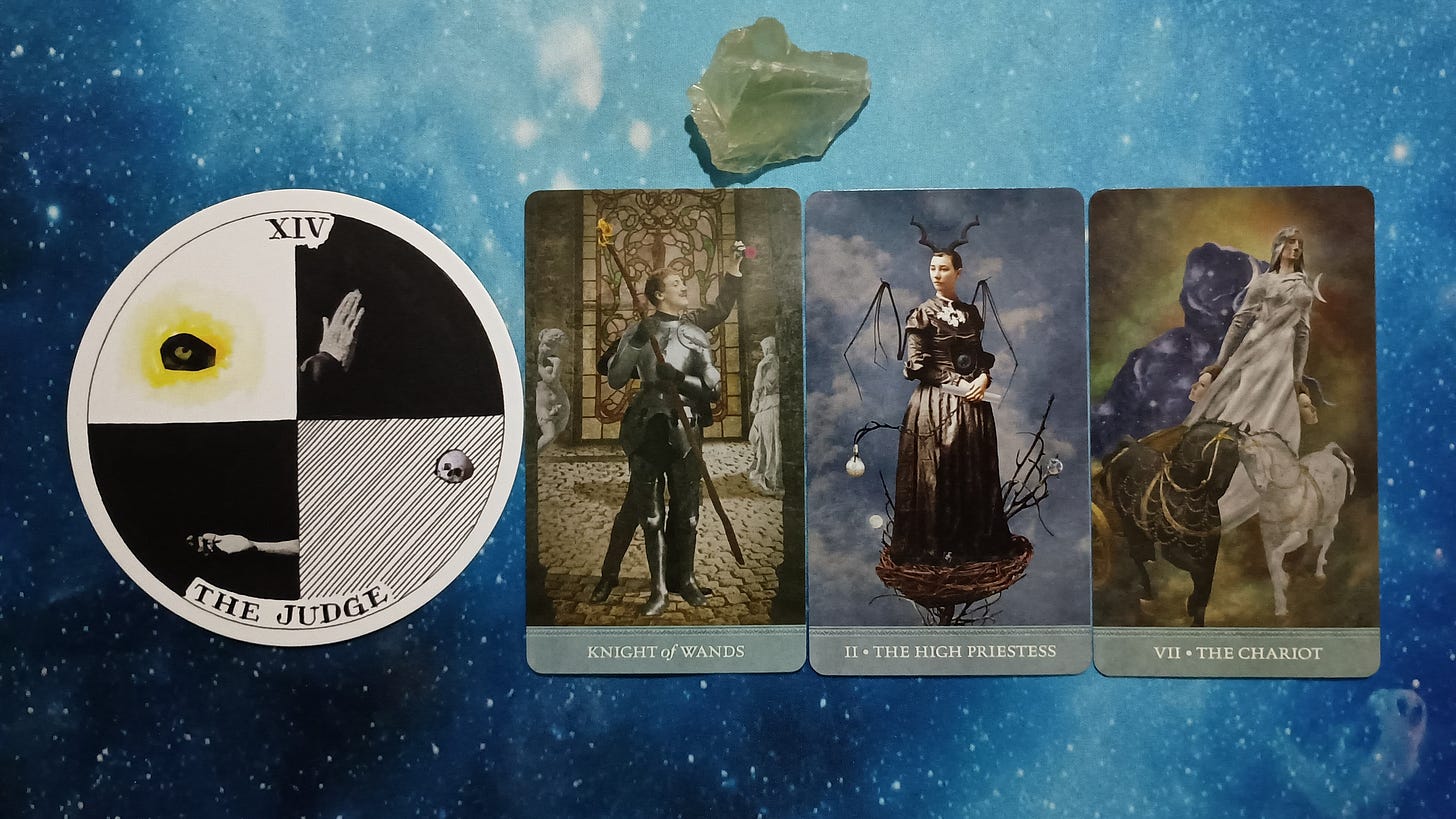 New Moon Pick-a-Card Tarot Reading for June 2025, pile 3 - citrine (yellow) stone and 4 cards on a starry blue background