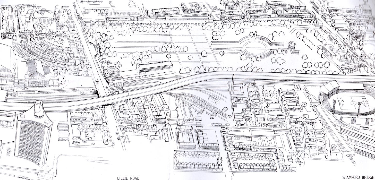 Line drawing of an aerial view across West London, with an elevated urban motorway crossing the view from left to right, and skirting a large tree-lined cemetery.