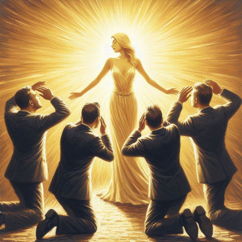 Four men cower and hold their arms over their eyes, blinded by the golden glow radiating from a beautiful blonde woman who is facing them like a golden goddess. Slight impressionist style.