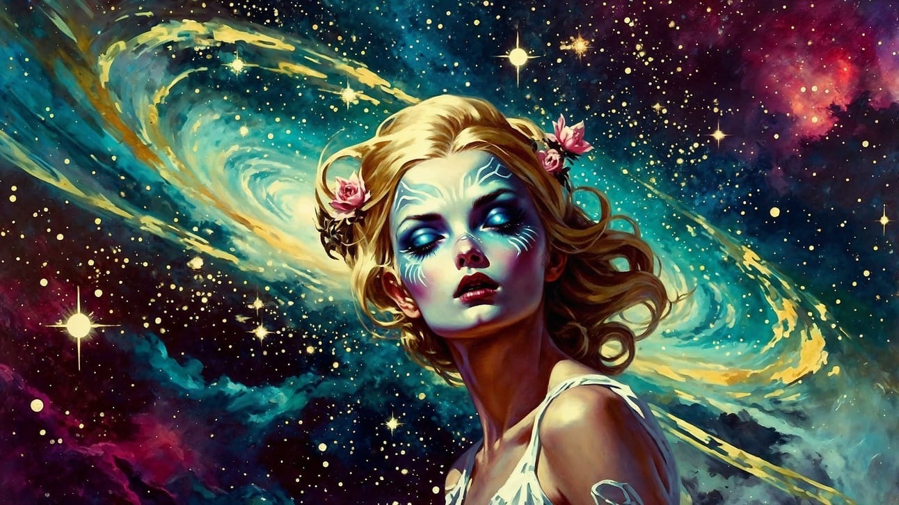 A celestial portrait of a mystical woman with glowing cosmic makeup and roses in her hair, set against a vibrant, swirling galaxy.
