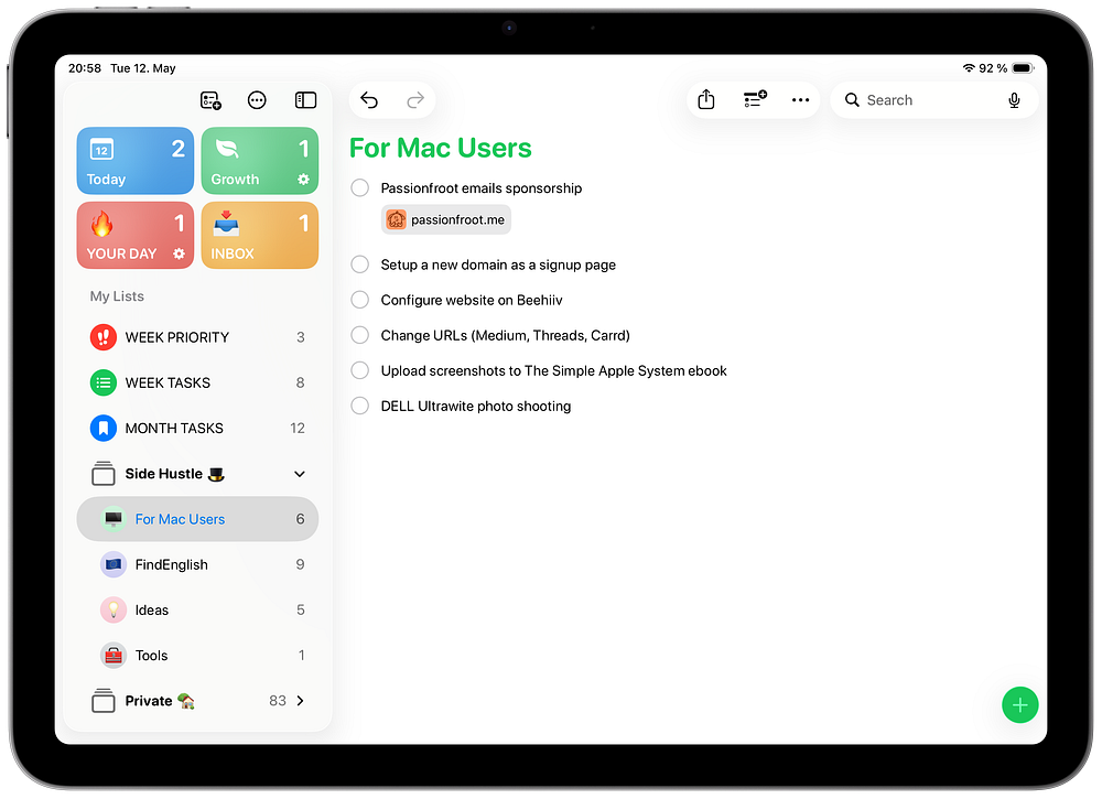Apple Reminders on iPad showing a Side Hustle folder with project lists and a For Mac Users task list. Apple Reminders on iPad showing a Side Hustle folder with project lists and a For Mac Users task list.