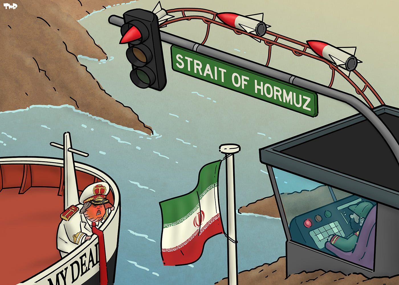 Cartoon showing the front of an oil tanker named ‘My Deal’. Trump is on the bow in a very ornate captain’s uniform, looking up with a red, angry face at a control booth on the shore, next to an Iranian flag and a traffic light that hangs over the water with a sign that reads ‘Strait of Hormuz’. The traffic light has a normal green and orange light (which are off at the moment), but the red light is the point of a missile that’s fed through from the back by a guide rail. In the booth controlling the traffic light we see a general of the revolutionary guard.
