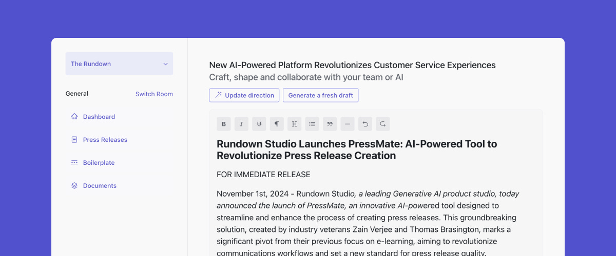 Screenshot of the press mate app. It shows a side bar with room controls and the main area is a text editor for the press release with buttons to generate a new draft.