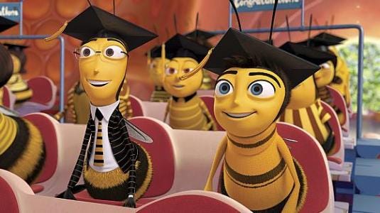 SWEET LIFE: Barry B. Benson, right, voiced by Jerry Seinfeld, and Adam Flayman, left, voiced by Matthew Broderick in a scene from "Bee Movie."