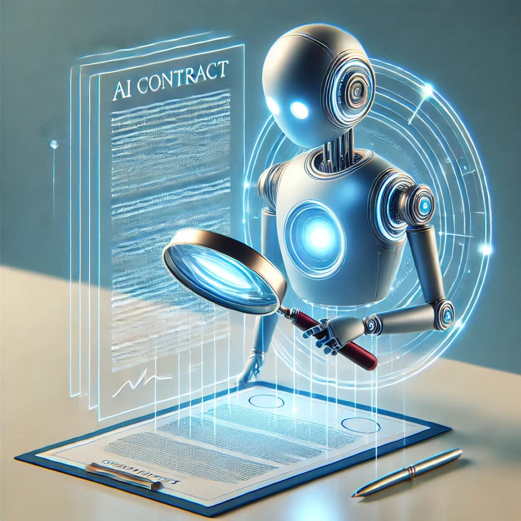 A clean and visually appealing digital illustration symbolizing the power of AI in contract analysis. The image features a futuristic-looking AI assistant, glowing softly in blue hues, scanning a large, complex contract with a magnifying glass. The contract has an intricate, almost maze-like structure, emphasizing its complexity. The background is minimalist with a subtle gradient, creating a modern and sleek aesthetic. The overall tone is professional, yet engaging, evoking a sense of clarity and empowerment.
